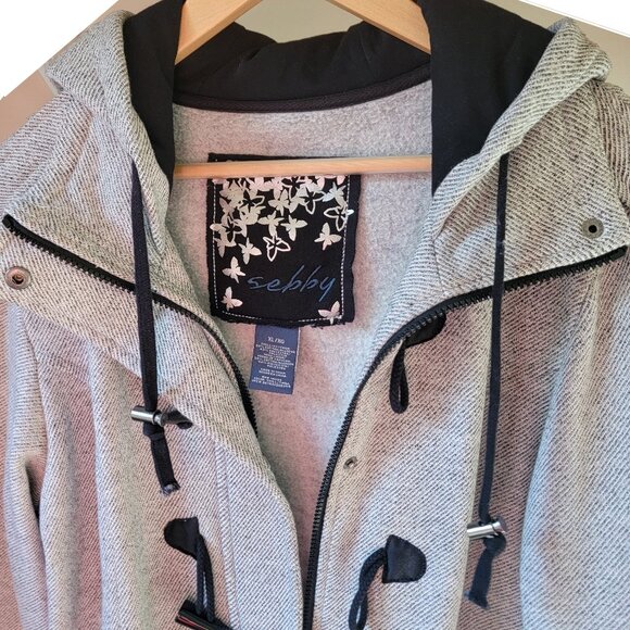 Sebby Jacket Coat Womens XL Full Zip Toggle Buttons Hood Pockets Gray Tweed Look - Picture 3 of 5